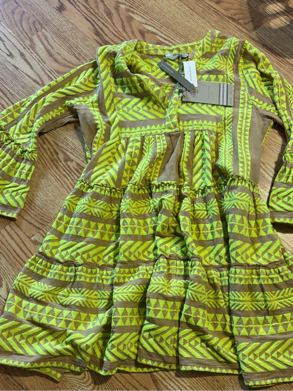 Anthropologie Neon Yellow and Tan Geometric Dress